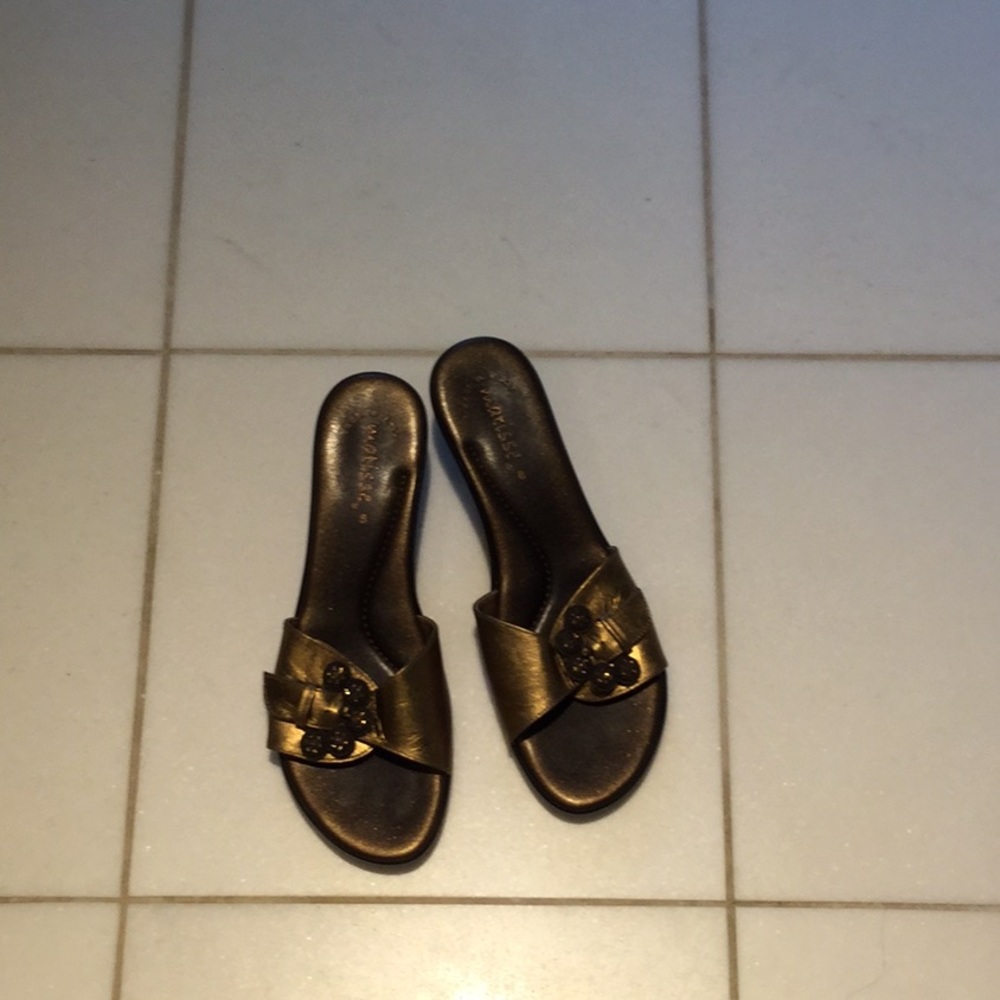 Matisse gold mini heel shoes with jeweled buckle.